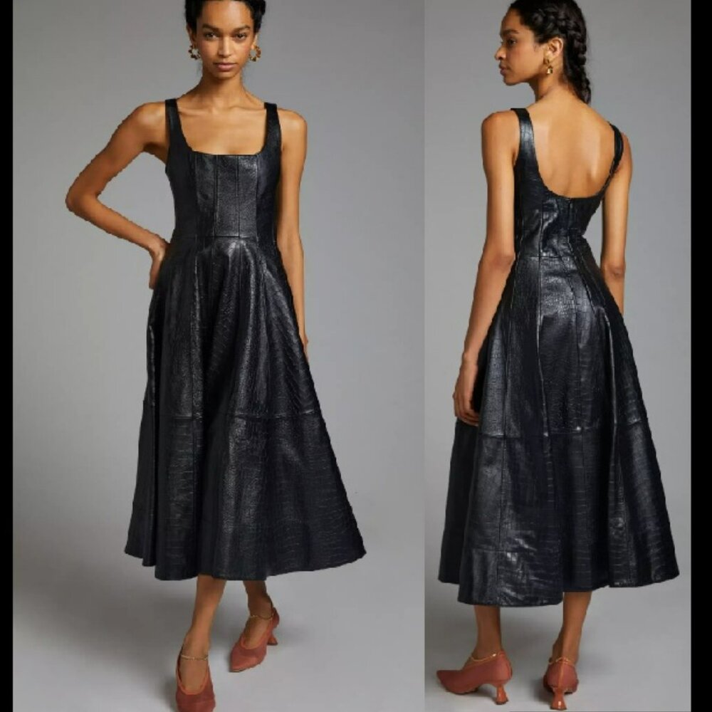 Anthropologie Avec Les Filles Black Faux Leather Midi Dress Sz LP